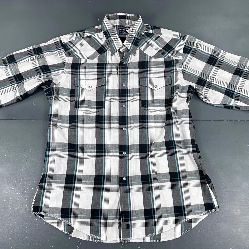 VTG Wrangler Shirt Men Large White Black Turquoise Plaid Pearl Snap USA Made 90s - Picture 3 of 8